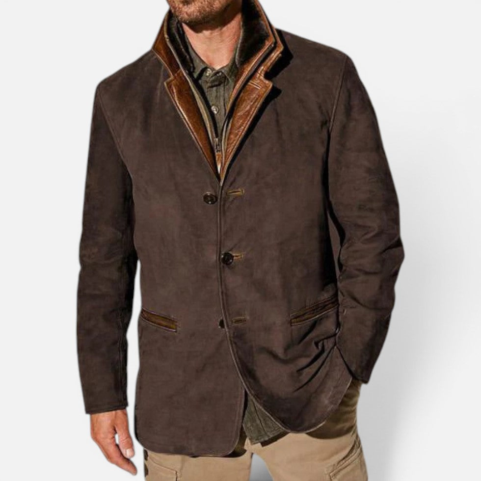 Casual blazer for men with a leather trim collar in brown