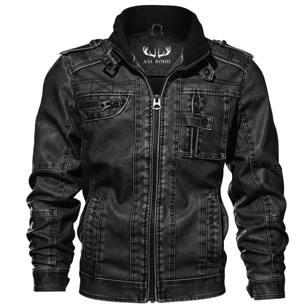 Faux leather jacket for men with a stand collar in black