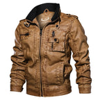 Faux leather jacket for men with a stand collar in tan