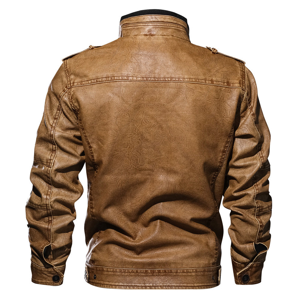Faux leather jacket for men with a stand collar, back view showing the shoulder tabs and ribbed hem