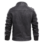 Faux leather jacket for men with a stand collar, back view showing the washed finish