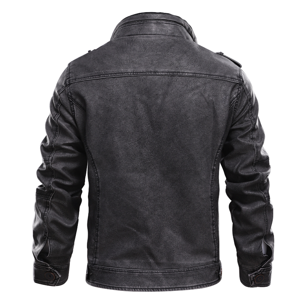 Faux leather jacket for men with a stand collar, back view showing the washed finish