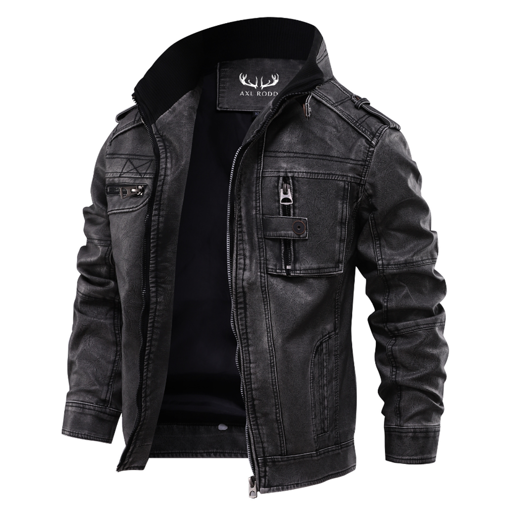 Faux leather jacket for men with a stand collar, open front showing the lining and zip chest pockets