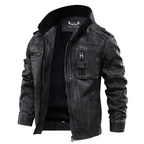 Faux leather jacket for men with a stand collar, open front showing the lining and zip chest pockets