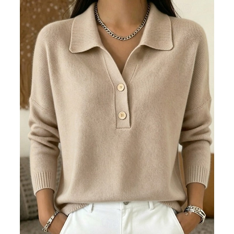 Womens polo sweater in Khaki, front view