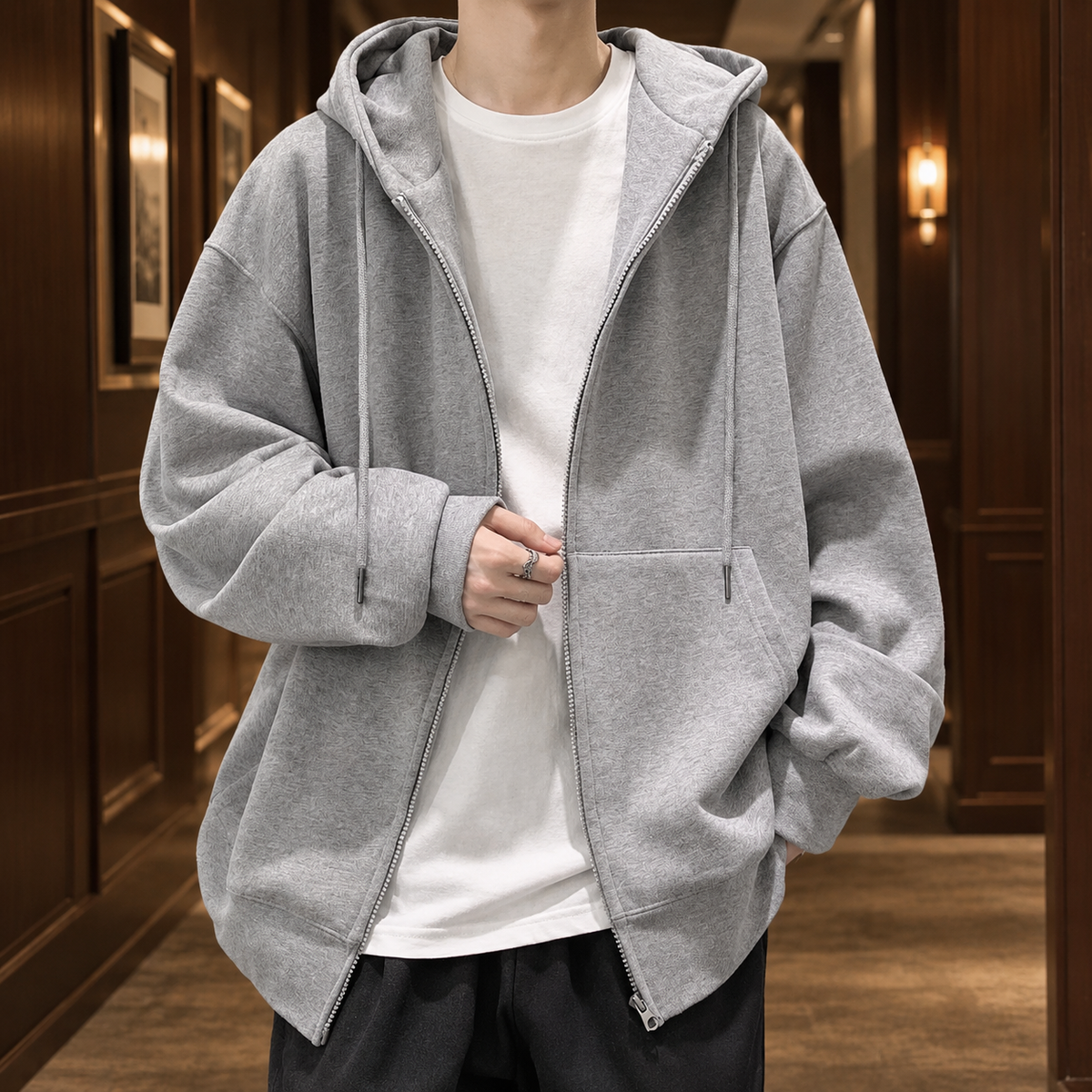 Drawstring Hood Zip Up Hoodie with Kangaroo Pockets