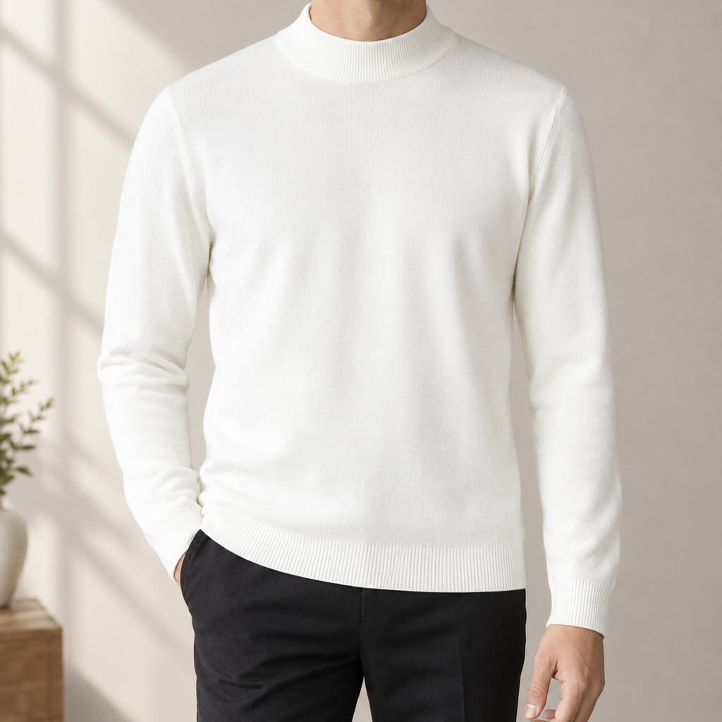 Mens mock neck sweater in White, front view