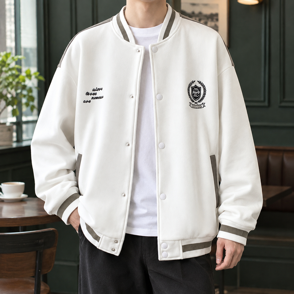 Embroidered Badge Varsity Jacket with Snap Front