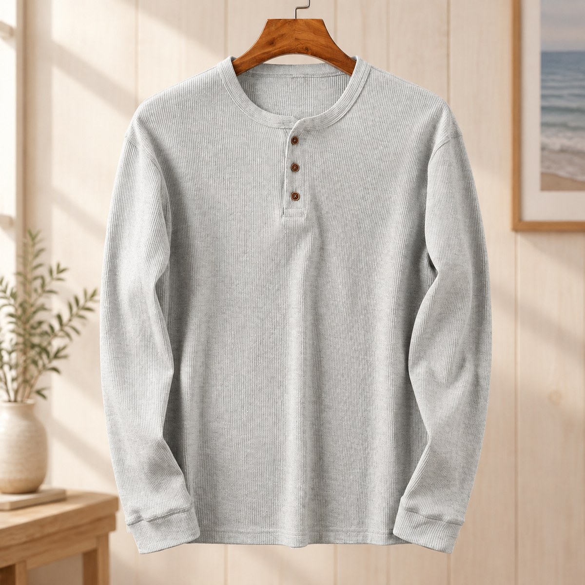 Long Sleeve Henley Shirt with Button Placket