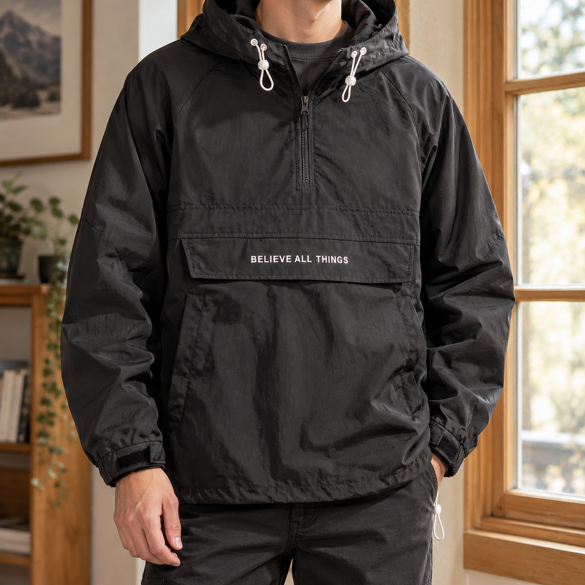 Half Zip Rain Jacket with Drawstring Hood