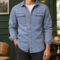 Button Front Denim Dress Shirt with Chest Pockets