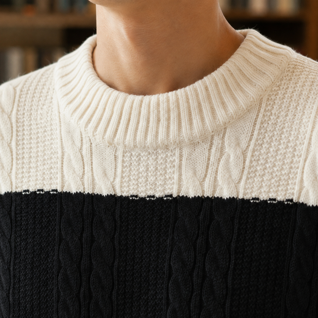 Striped Cable Knit Sweater with Crew Neck