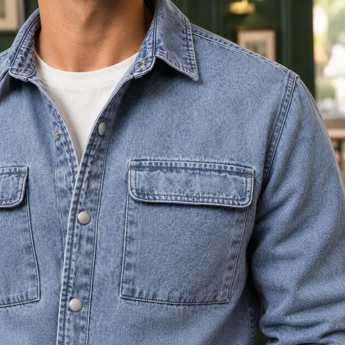 Button Front Denim Dress Shirt with Chest Pockets