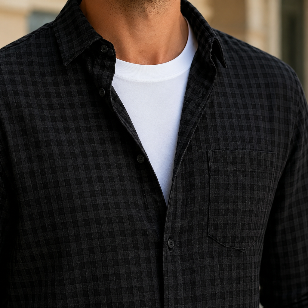Grid Check Flannel Shirt with Button Front