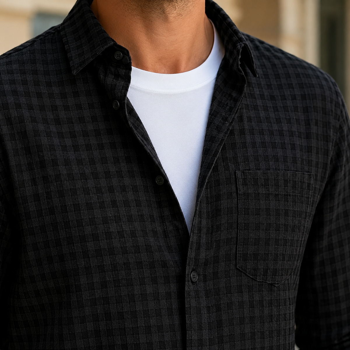 Grid Check Flannel Shirt with Button Front