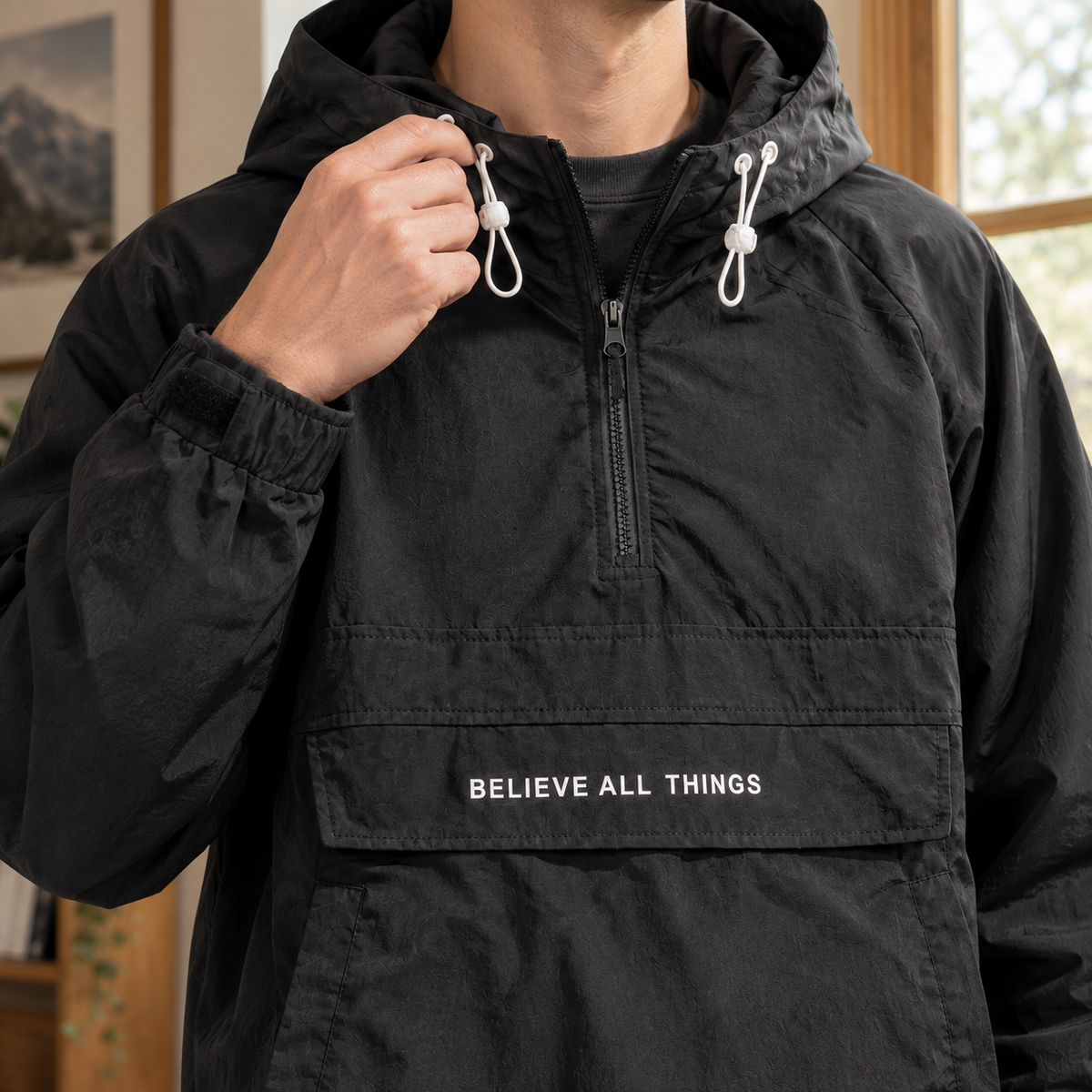 Half Zip Rain Jacket with Drawstring Hood