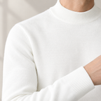 Mens mock neck sweater in White, shoulder and ribbed cuff close-up
