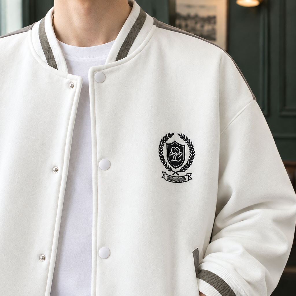 Embroidered Badge Varsity Jacket with Snap Front