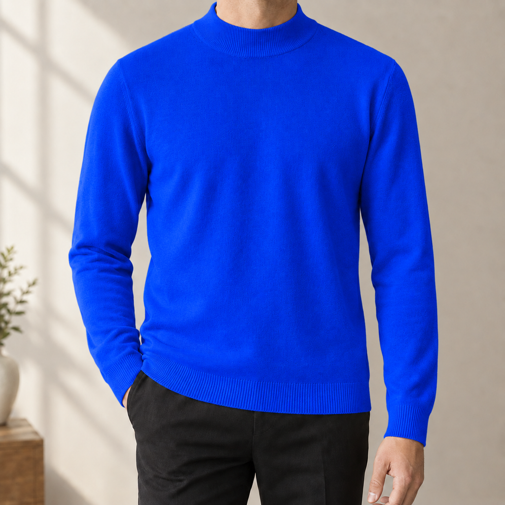 Mens mock neck sweater in Royal Blue, front view