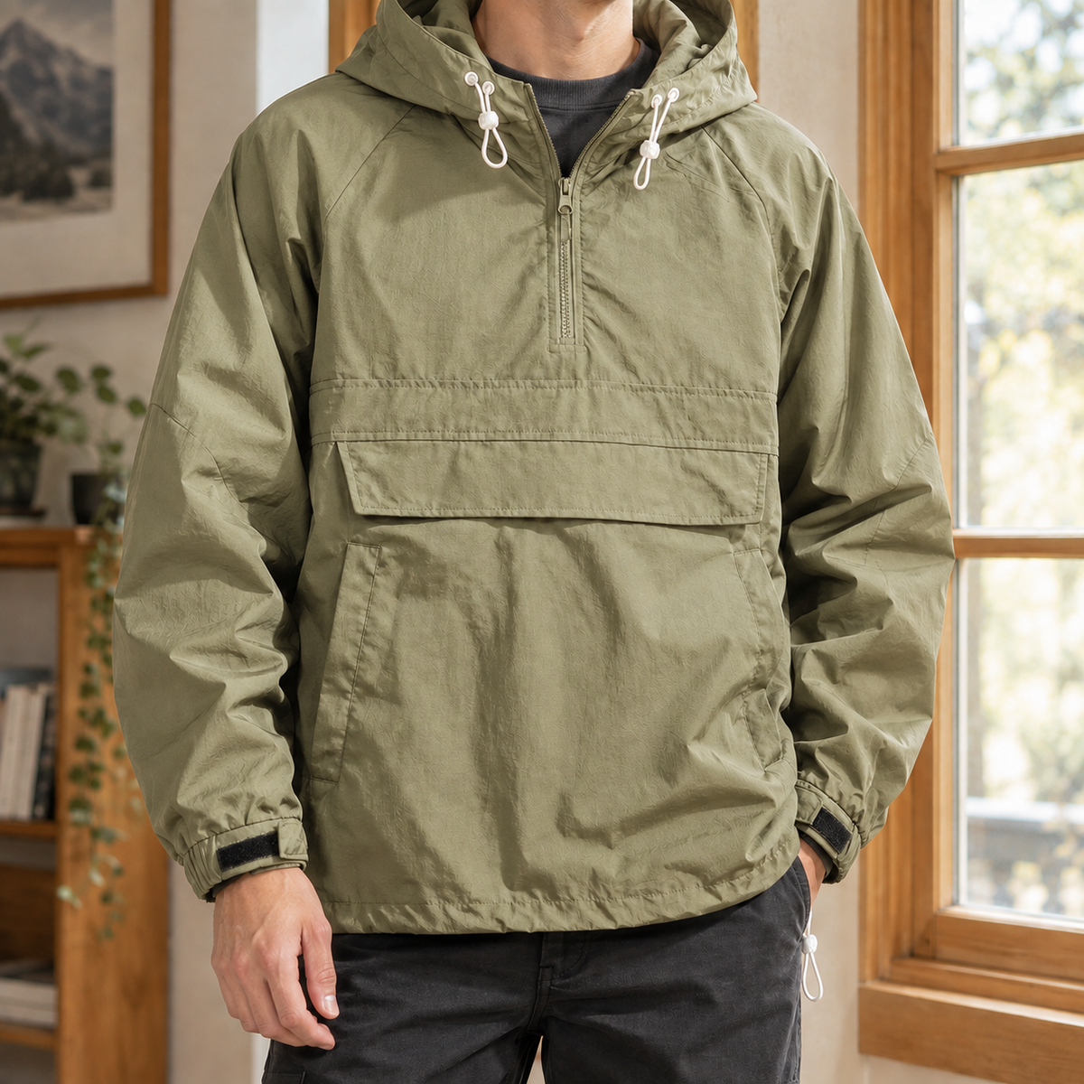 Half Zip Rain Jacket with Drawstring Hood