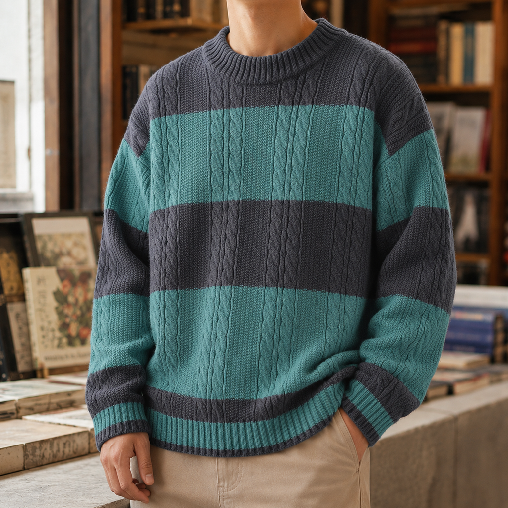 Striped Cable Knit Sweater with Crew Neck