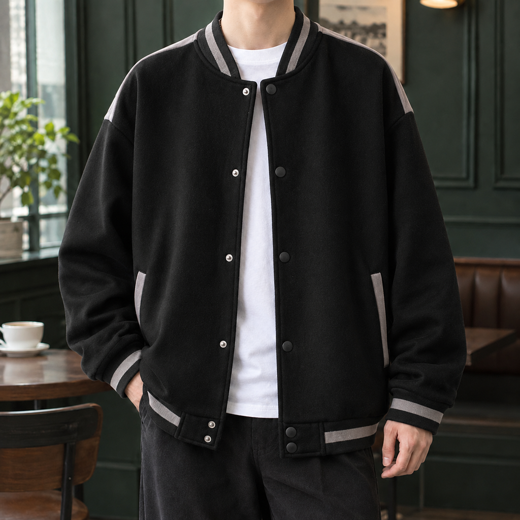 Embroidered Badge Varsity Jacket with Snap Front