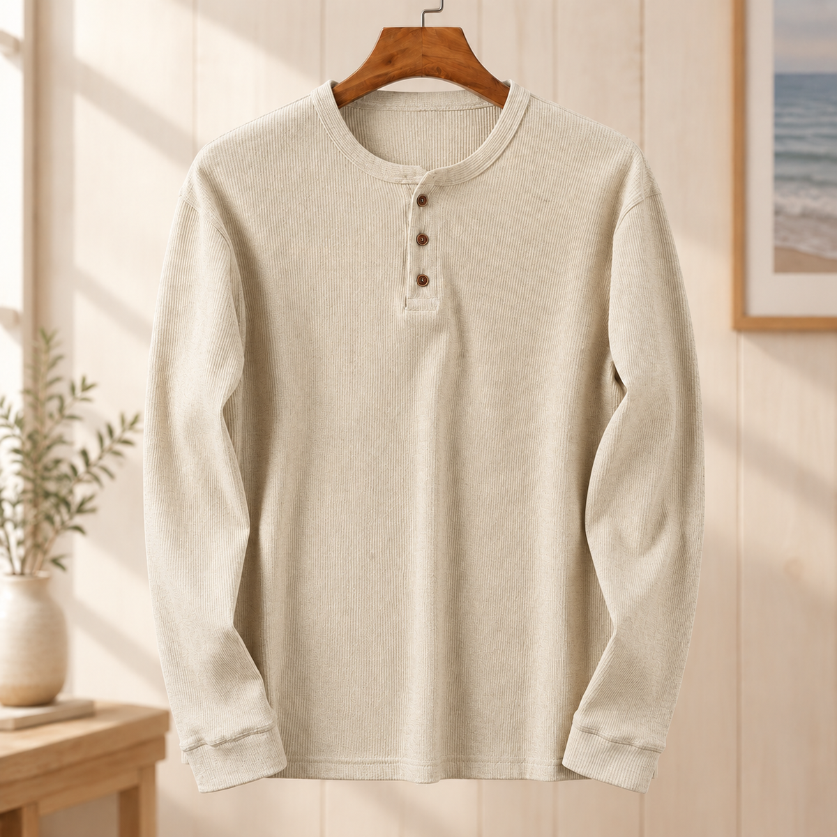 Long Sleeve Henley Shirt with Button Placket