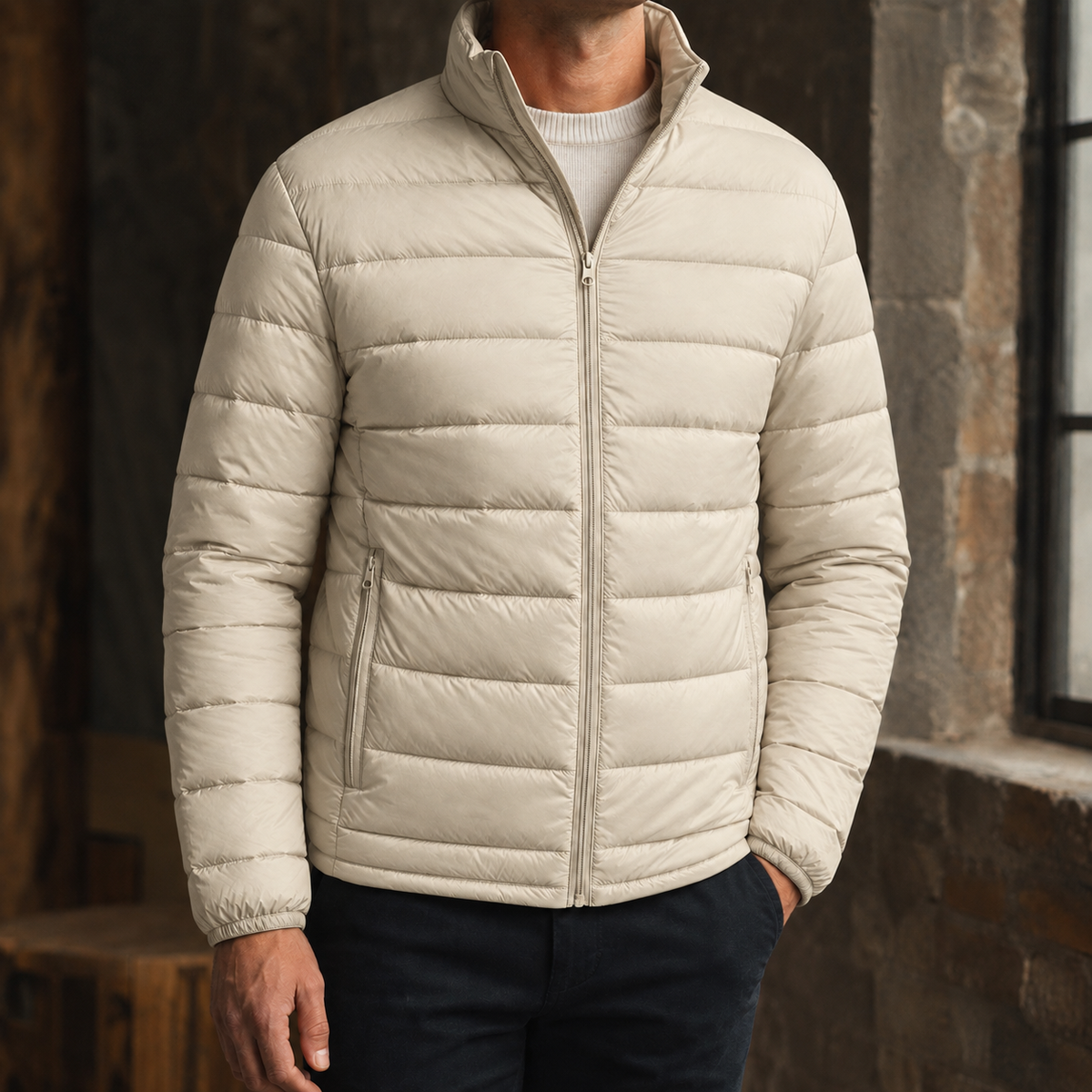 Stand Collar Down Jacket with Lightweight Quilting