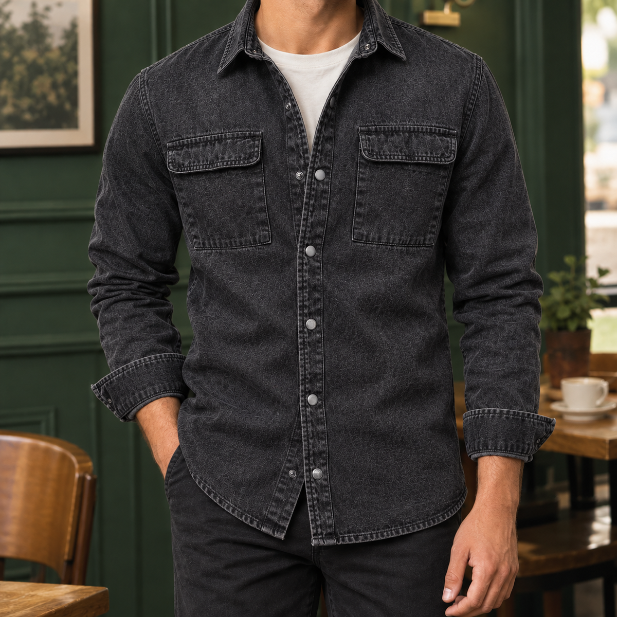 Button Front Denim Dress Shirt with Chest Pockets