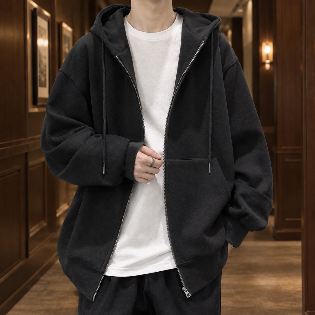 Drawstring Hood Zip Up Hoodie with Kangaroo Pockets