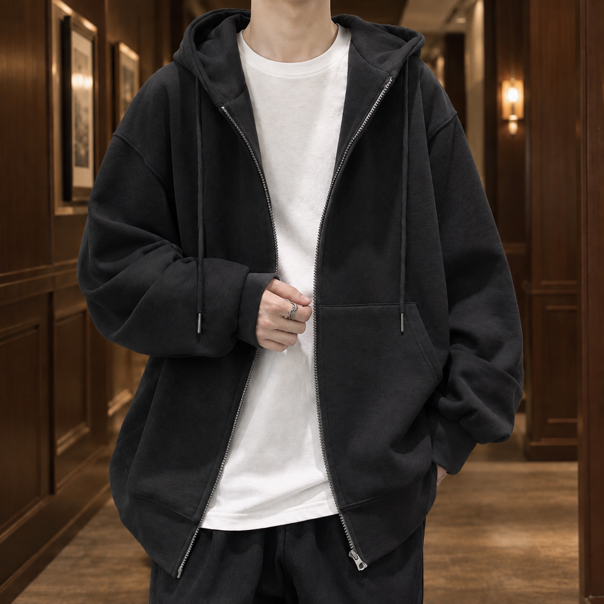 Drawstring Hood Zip Up Hoodie with Kangaroo Pockets