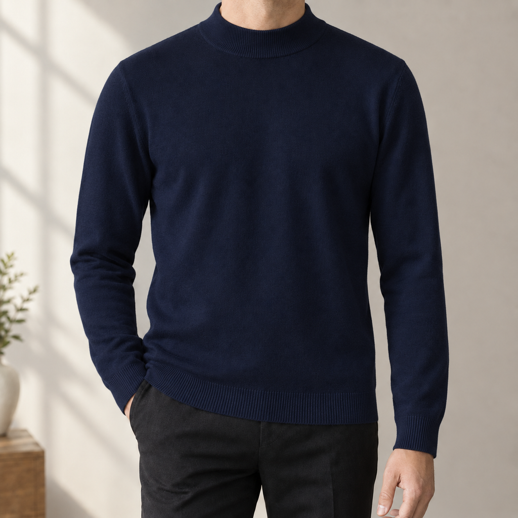 Mens mock neck sweater in Navy Blue, front view