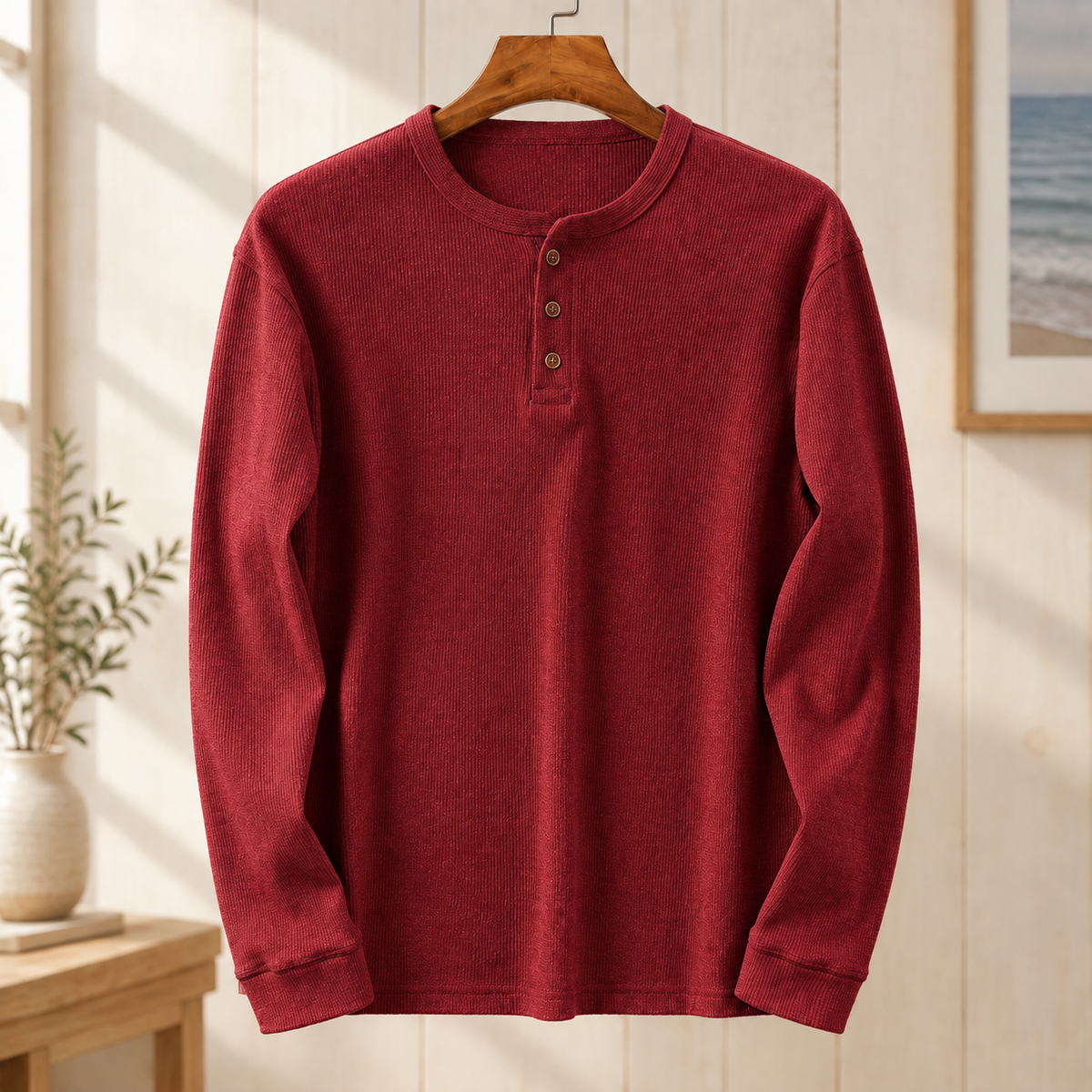 Long Sleeve Henley Shirt with Button Placket
