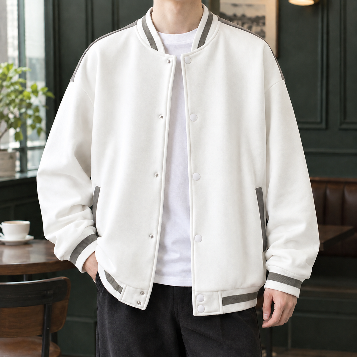 Embroidered Badge Varsity Jacket with Snap Front