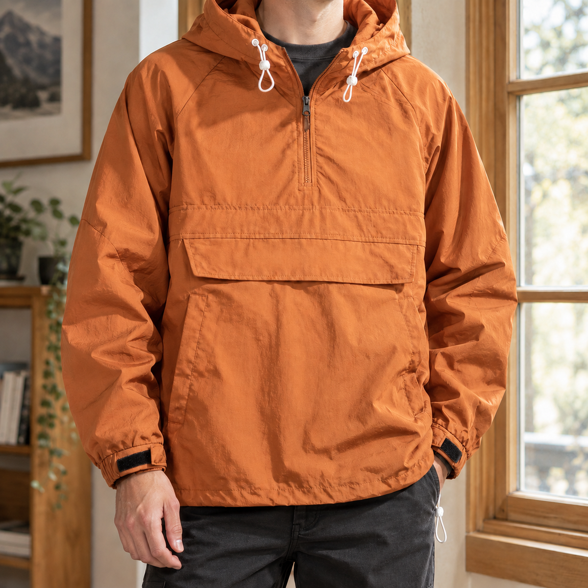 Half Zip Rain Jacket with Drawstring Hood