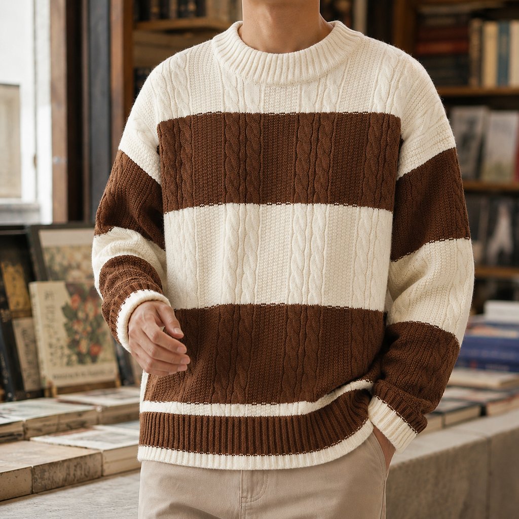 Striped Cable Knit Sweater with Crew Neck