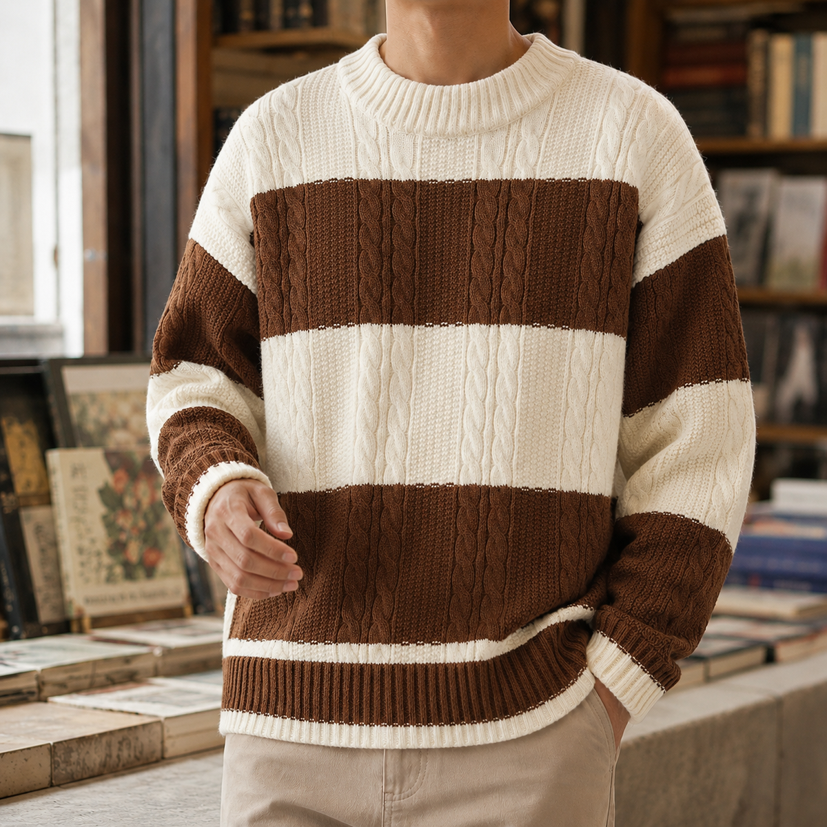 Striped Cable Knit Sweater with Crew Neck