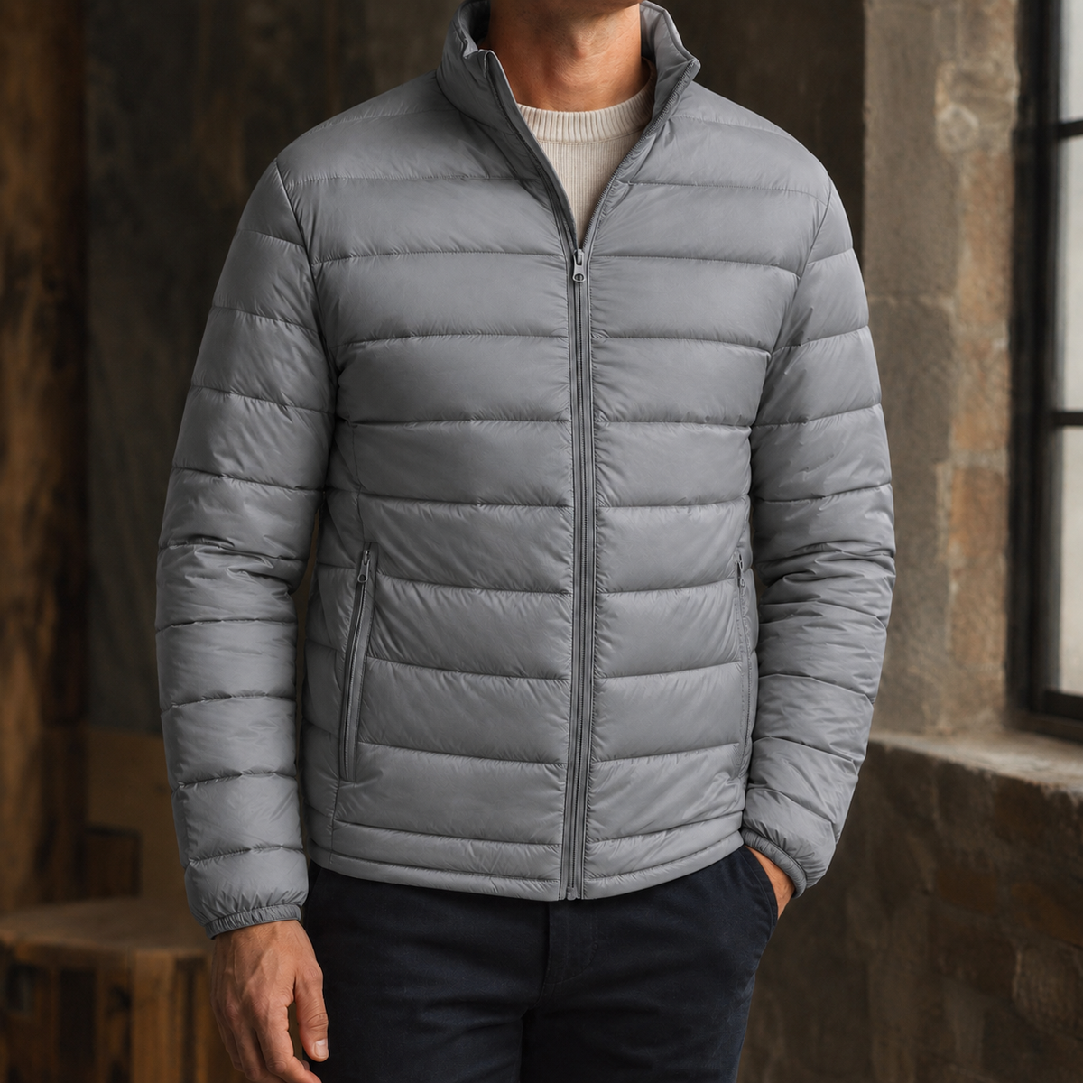 Stand Collar Down Jacket with Lightweight Quilting