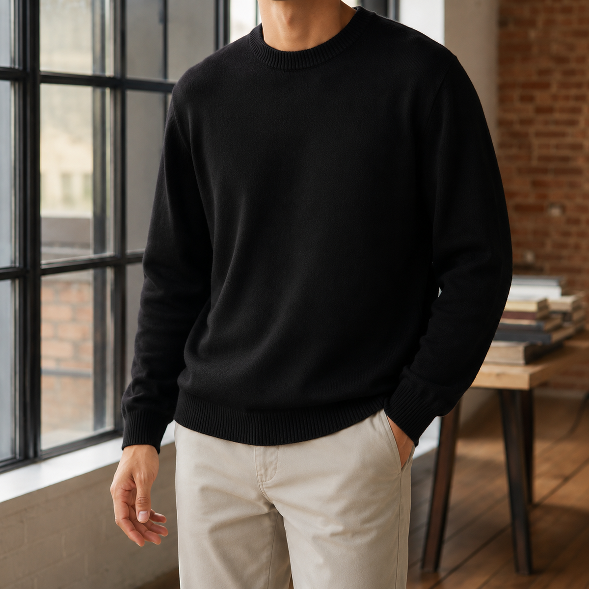 Fine Gauge Crewneck Sweater with Ribbed Trims