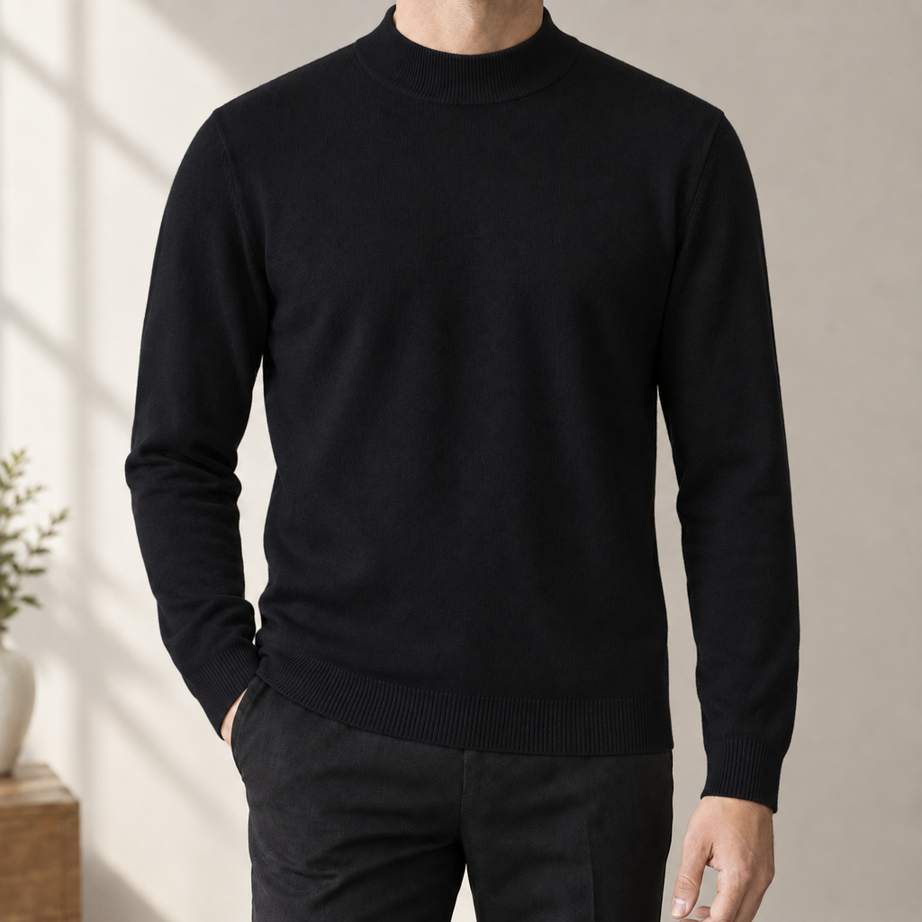 Mens mock neck sweater in Black, front view