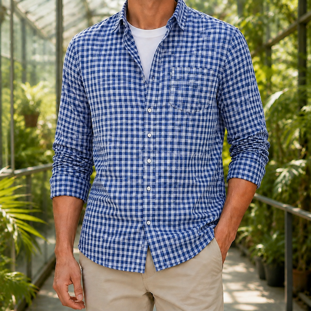 Grid Check Flannel Shirt with Button Front