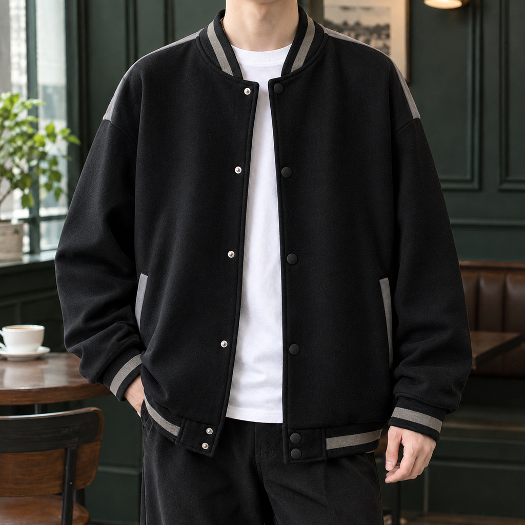 Embroidered Badge Varsity Jacket with Snap Front
