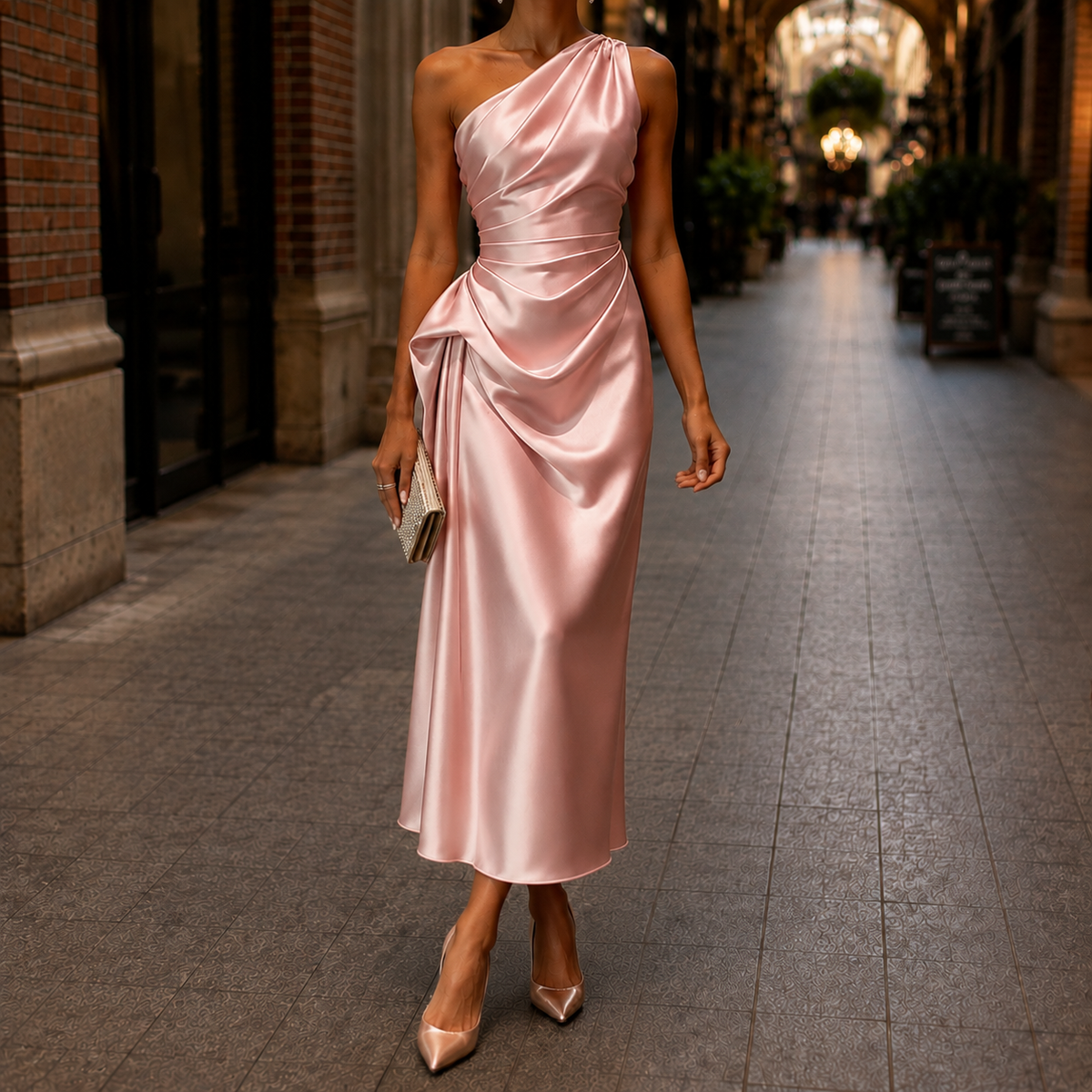 Womens satin midi dress in Pink, front view