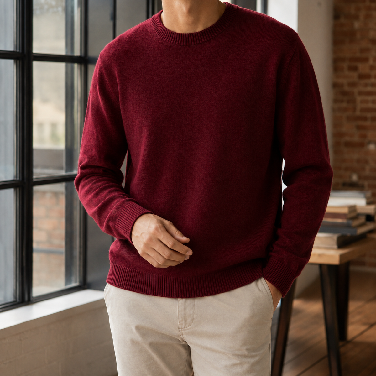 Fine Gauge Crewneck Sweater with Ribbed Trims