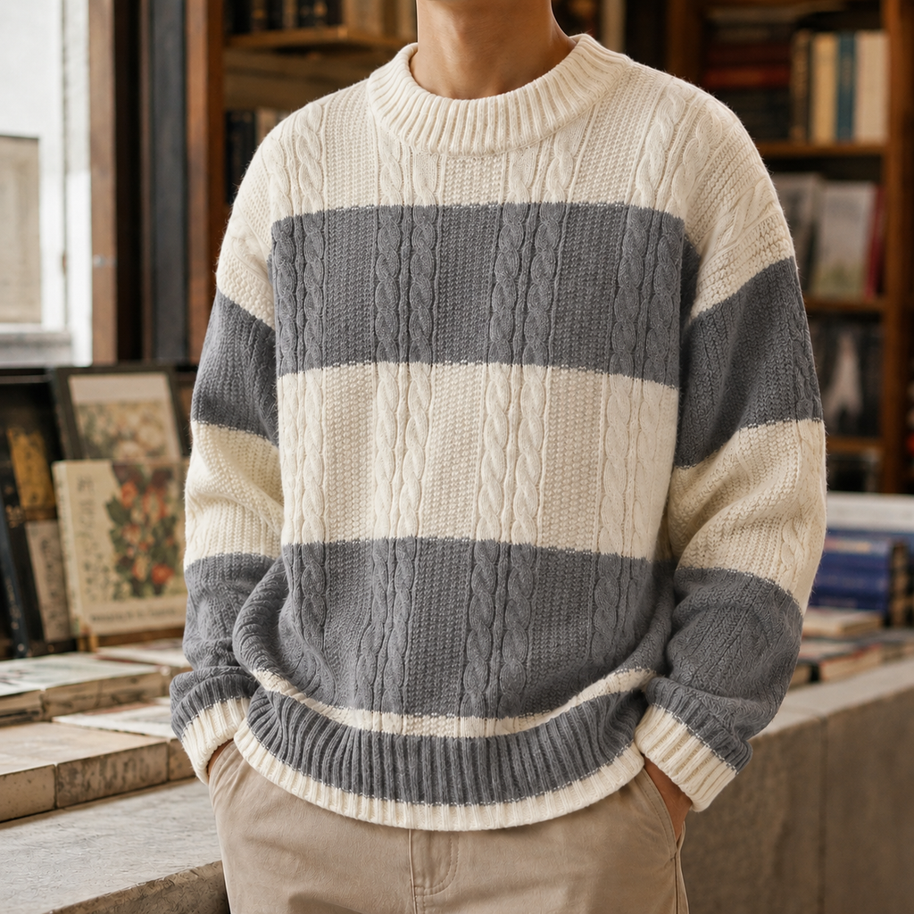 Striped Cable Knit Sweater with Crew Neck