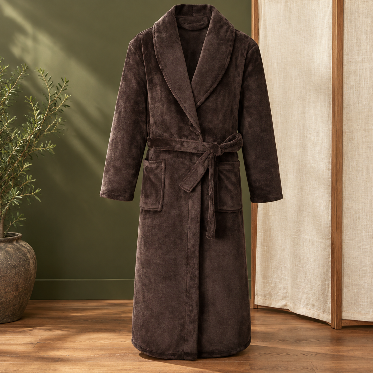 Shawl Collar Fleece Robe with Tie Belt