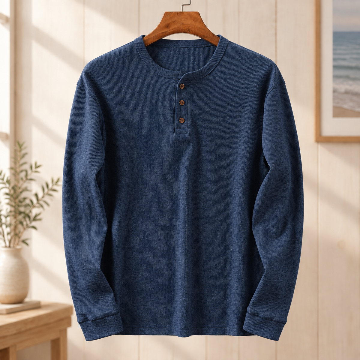 Long Sleeve Henley Shirt with Button Placket