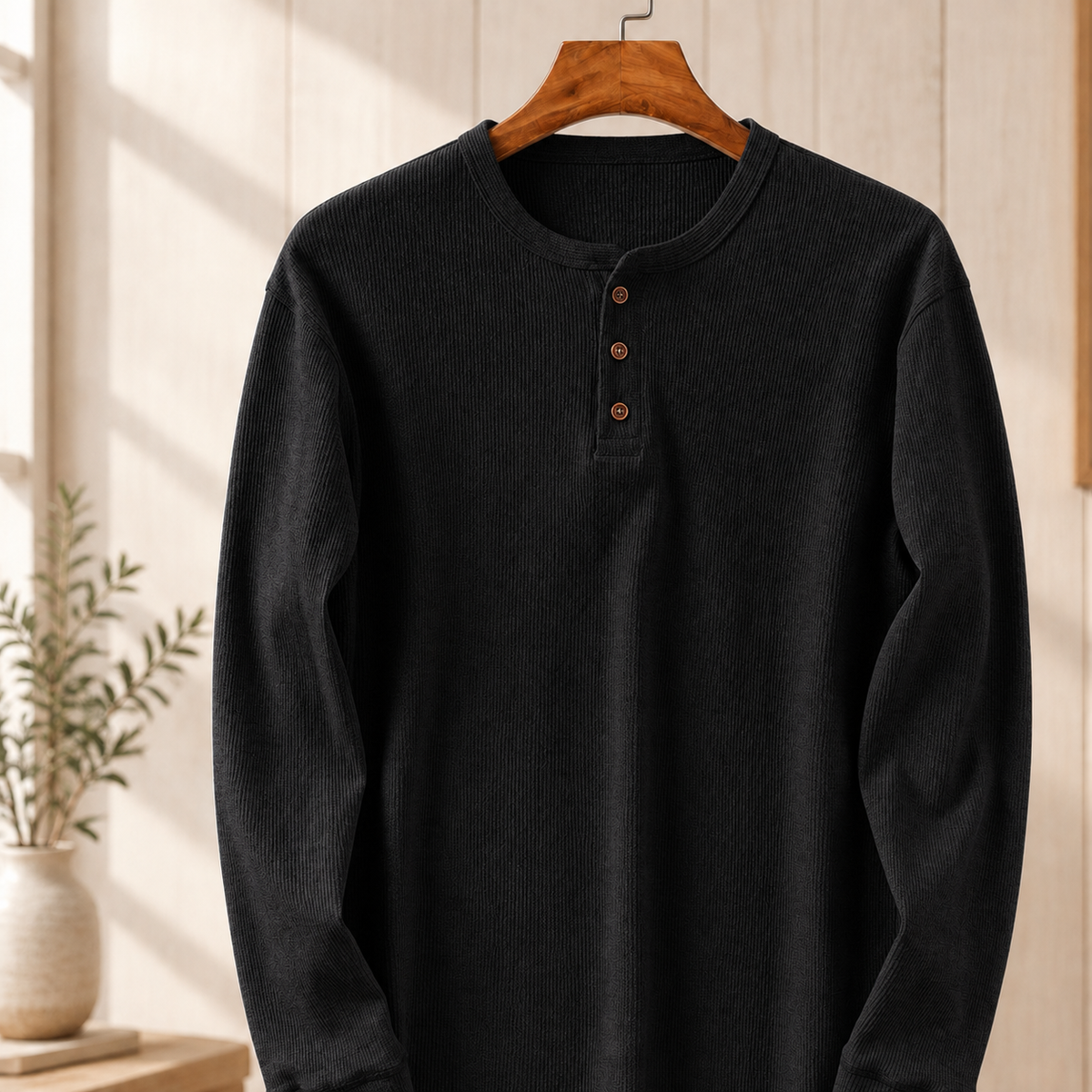 Long Sleeve Henley Shirt with Button Placket