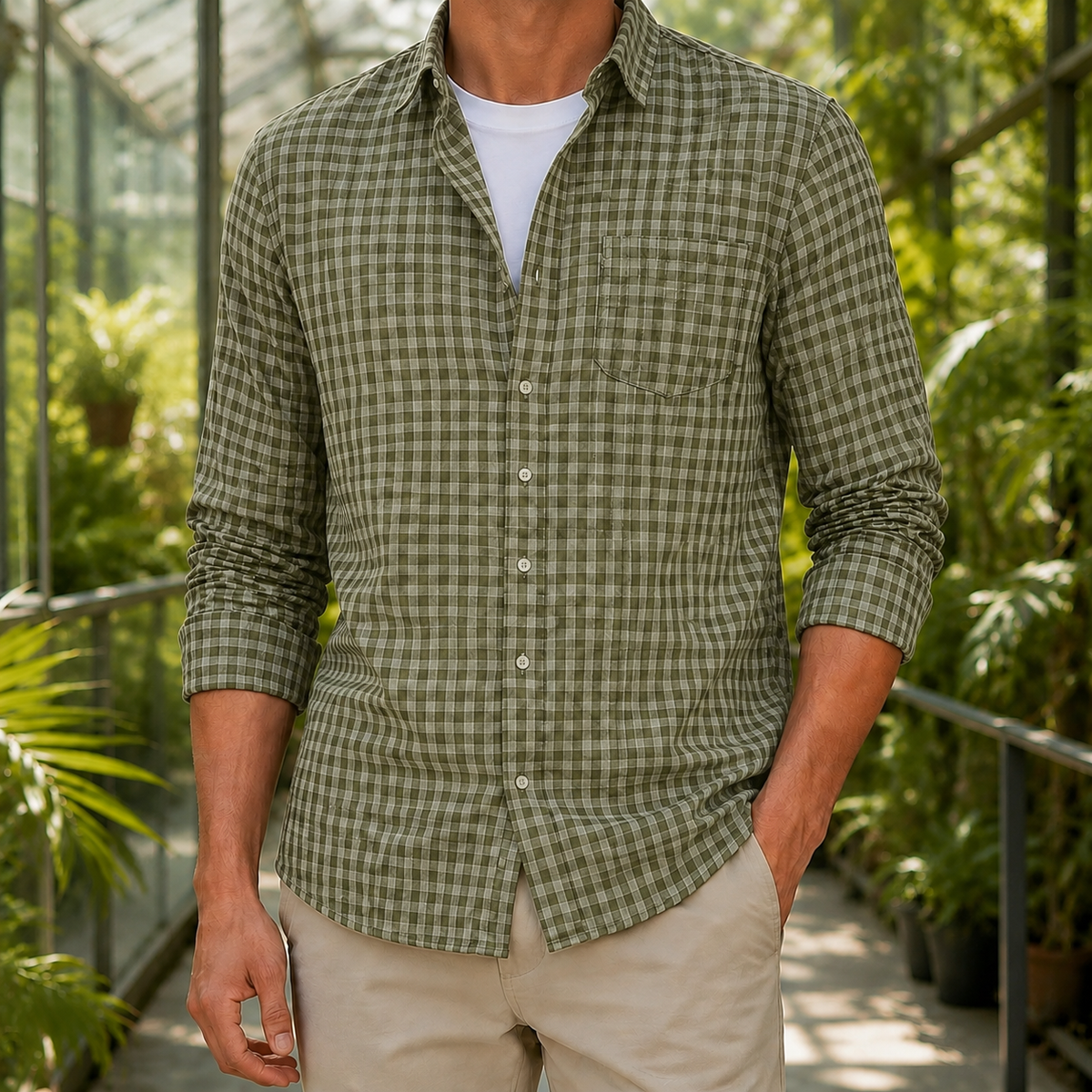 Grid Check Flannel Shirt with Button Front