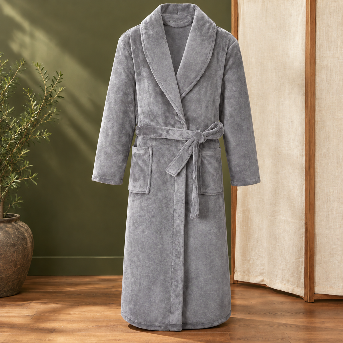 Shawl Collar Fleece Robe with Tie Belt